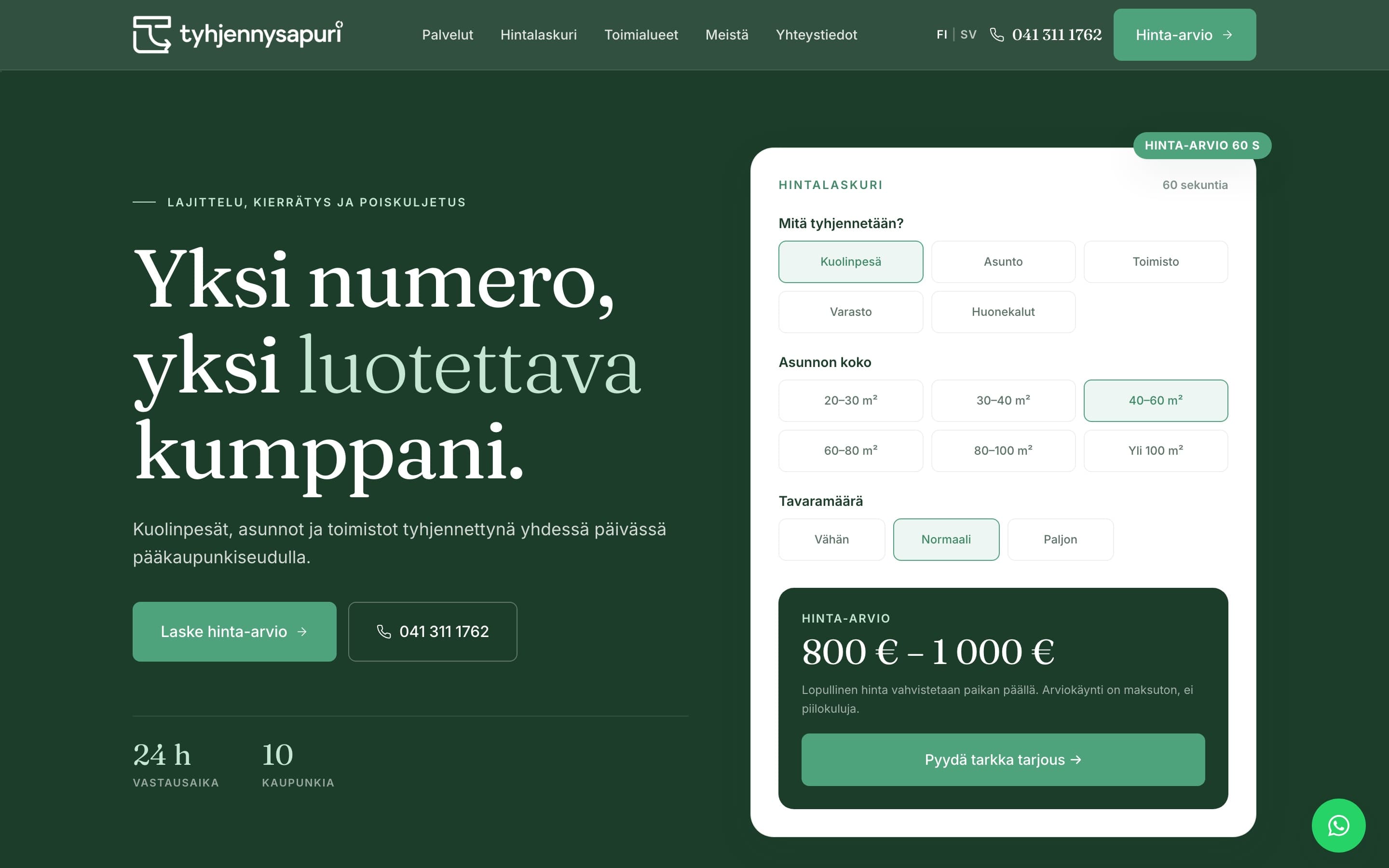Tyhjennysapuri.fi etusivun näyttö